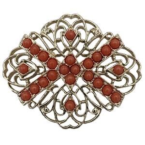 Vintage Sarah Coventry Coral Orange Gold Tone Filigree Brooch Pin